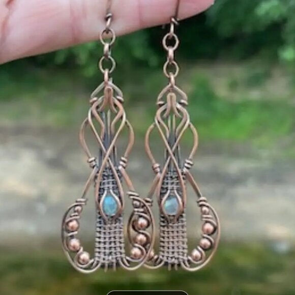 Bohemian Bronze Labradorite Stone Hippy Dangle Earrings - Picture 1 of 8